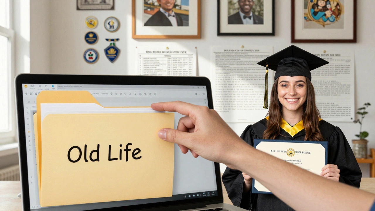 A hand deleting old files as new achievements—graduation photo and certificates—shine beside the laptop.