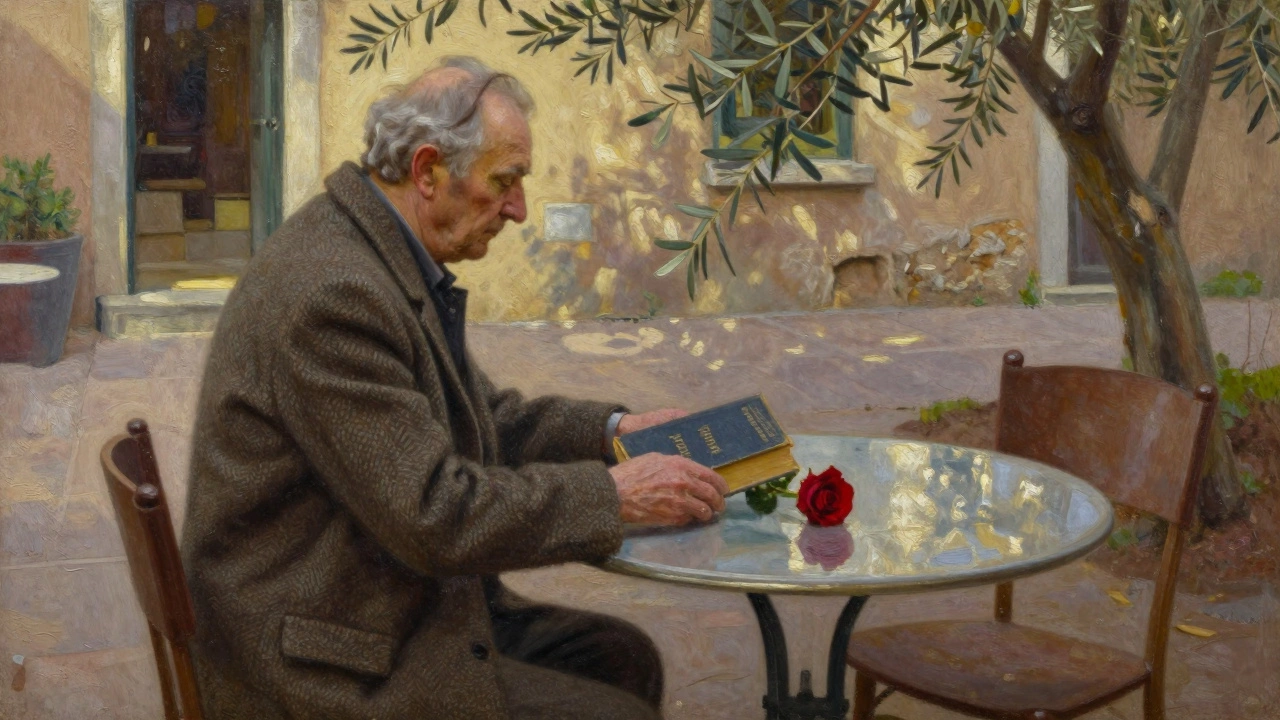 An empty chair at a bistro table holds a book and a rose, symbolizing a quiet, meaningful human connection.