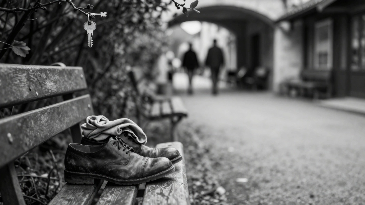 Leather shoes and a scarf rest on a garden bench, with a key hanging above, suggesting a discreet, personal encounter.