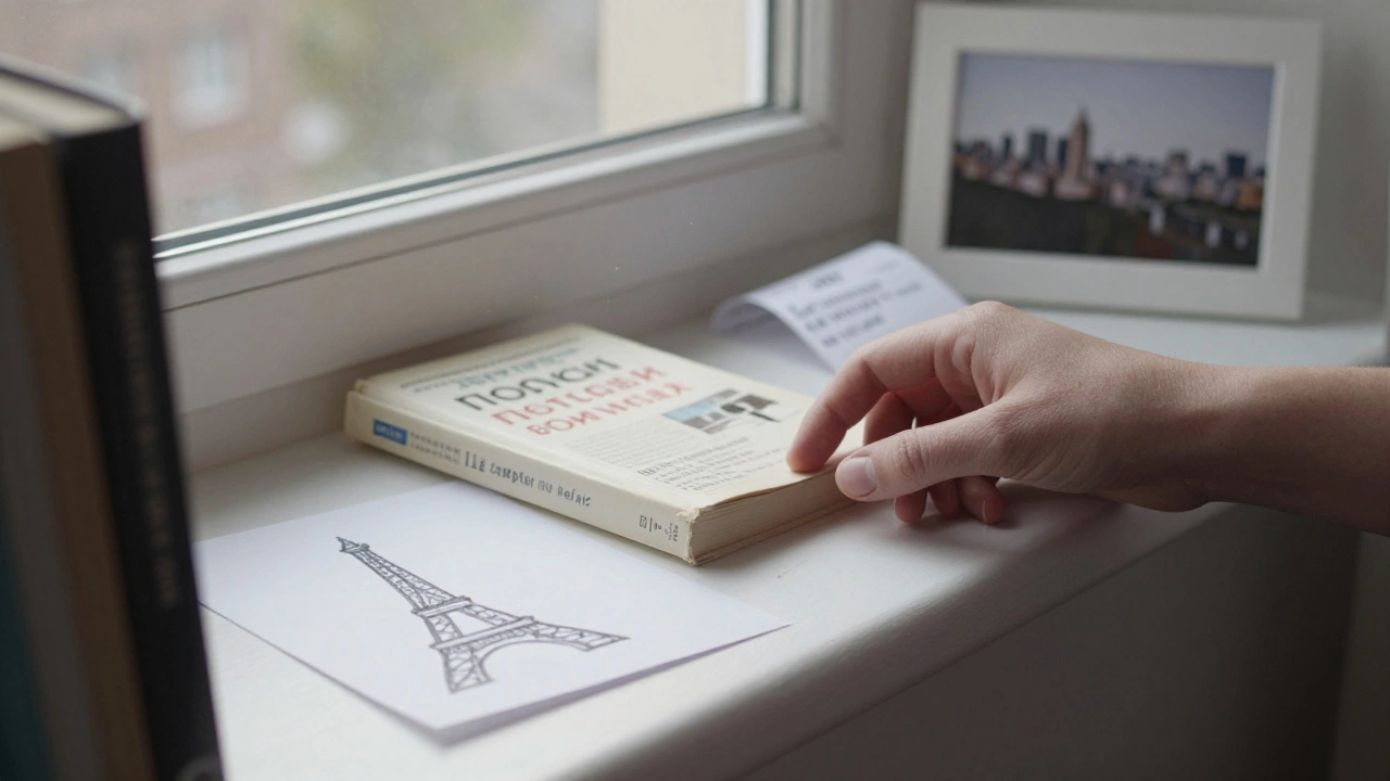 Three personal items on a windowsill: a child&#039;s drawing, a book, and a restaurant receipt, bathed in morning light.