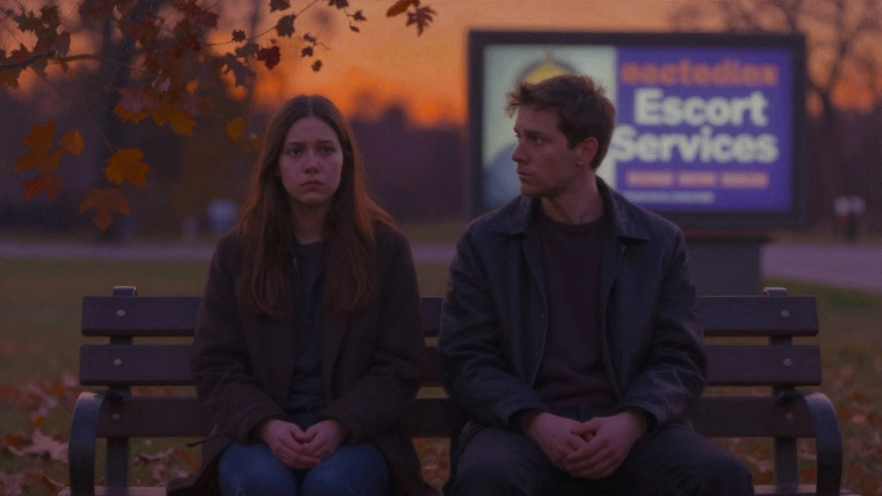 Two people on a park bench at sunset, silent but present, with a faint digital ad glowing behind them.